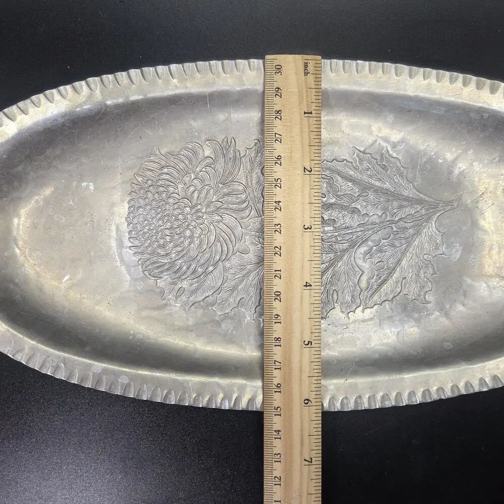 Continental Hand Wrought Tray Aluminum Chrysanthemum Trade Mark 566 Vintage